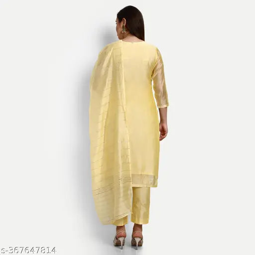 Yellow Chanderi embroidered designer straight suits Kurta with dupatta and bottomwear, three-quarter sleeves, printed, on model, India origin