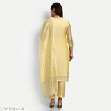 Yellow Chanderi embroidered designer straight suits Kurta with dupatta and bottomwear, three-quarter sleeves, printed, on model, India origin