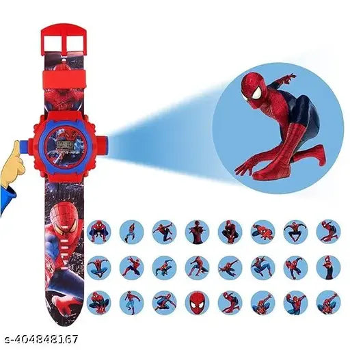 Multi-colored Kids Edition Spiderman/Babie Marvel Avengers Digital Watch with 24 Image Projection, rubber strap, red dial, round shape. Ideal for boys and girls