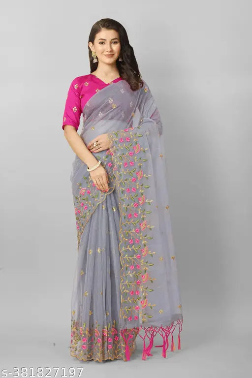 Mustard yellow Super Net Embroidery Saree with Dupion Silk Blouse, showcasing intricate multi-thread embroidery work