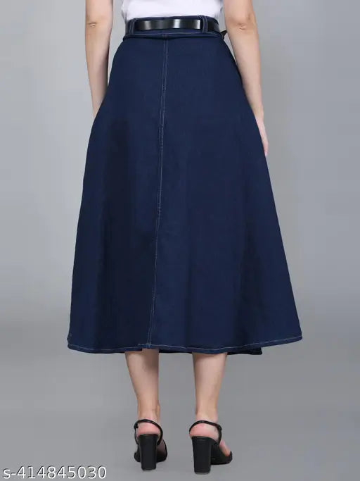 Stretchable denim blue skirt, front pockets, Western style, perfect for casual or special occasions, midi length, available in various sizes (e.g., 26, 28, 30, etc.), made in India