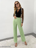Classy cotton blend solid trousers, high-rise ankle length with front seam detail and elastic waistband, slim fitting for women