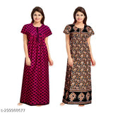 Cotton nightgown with printed net pattern, short sleeves, adjustable for L, XL, XXL, and Free Size. Ultimate comfort in 100% soft cotton fabric