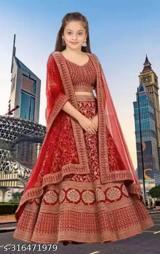 Embroidered satin kids Lehenga Choli set, suitable for 3-15 years, semi-stitched design in India