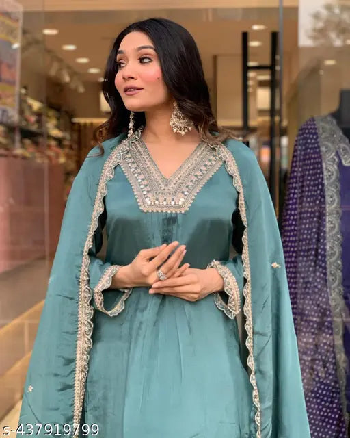 New Designer Chinon Silk Palazzo Top & Dupatta with Embroidery, India-made silk garment for women