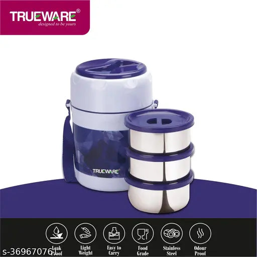Dark Blue Stainless Steel Insulator Lunch Box with 3 Containers - Trueware Fresh Meal Plus