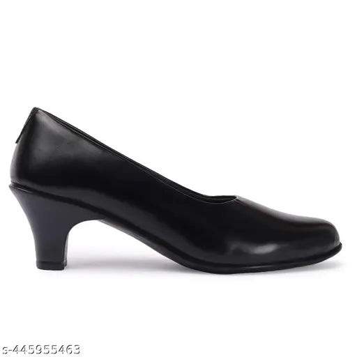 Synthetic leather, classic black low heel belly shoes - elegant, comfortable office & everyday formal pumps with soft cushioned insole and sturdy block heel, perfect for parties, weddings, or casual wear