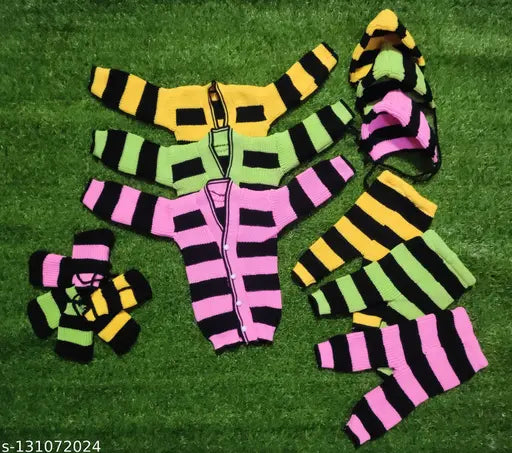 Polyester colorblocked winter combo set (Pink, Yellow, Green) for newborns, 0-3 months