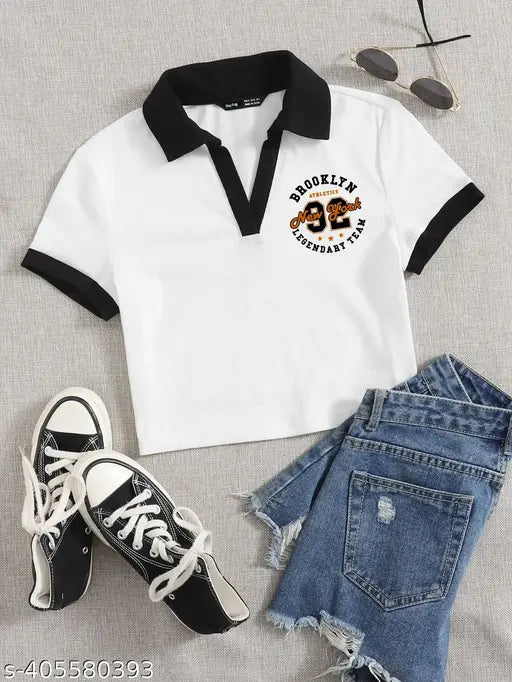 Contrast collar print cotton t-shirt, short sleeves, solid design for casual wear, size chart included