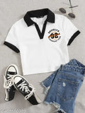 Contrast collar print cotton t-shirt, short sleeves, solid design for casual wear, size chart included
