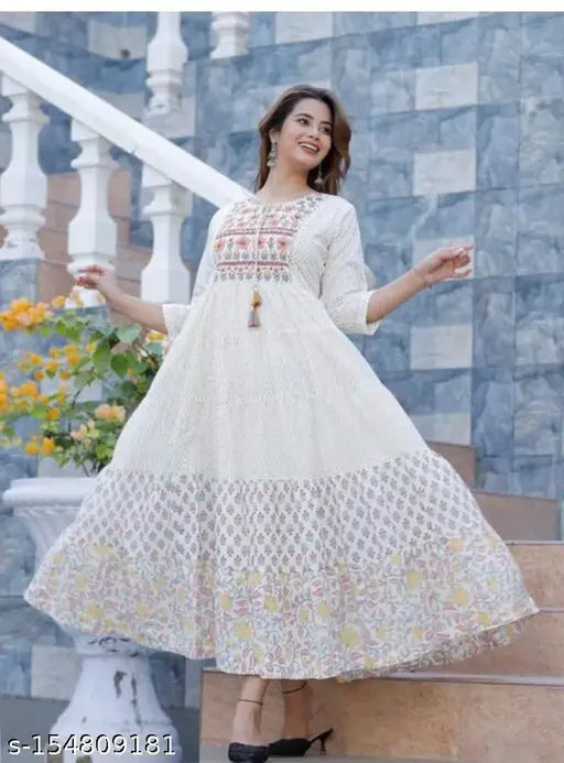 White embroidered anarkali gown, three-quarter sleeves, traditional Indian bridal wear for women - S (bust size: 36in), M (bust size: 38in)