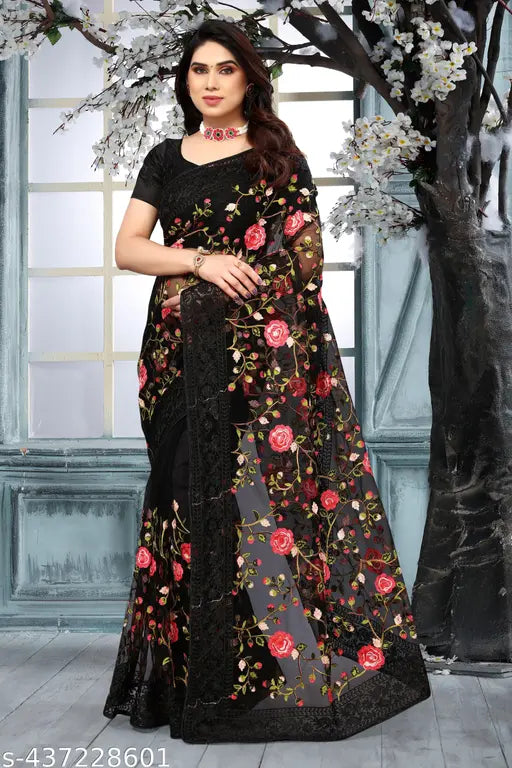 Soft net embroidered wedding saree with separate cotton blouse, heavy designer party wear festive wear, India origin