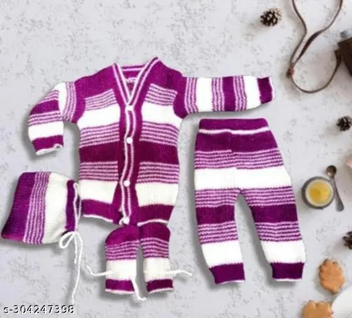 Purple striped woolen winter sweater set for baby boys & girls, hand-knitted with matching cap sizes: 0-3 months, 0-2 months, 2-4 months. Indian handmade newborn baby kids' winterwear