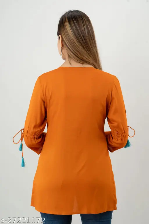 Rayon three-quarter sleeve embroidered net women's top, XS to XXXL