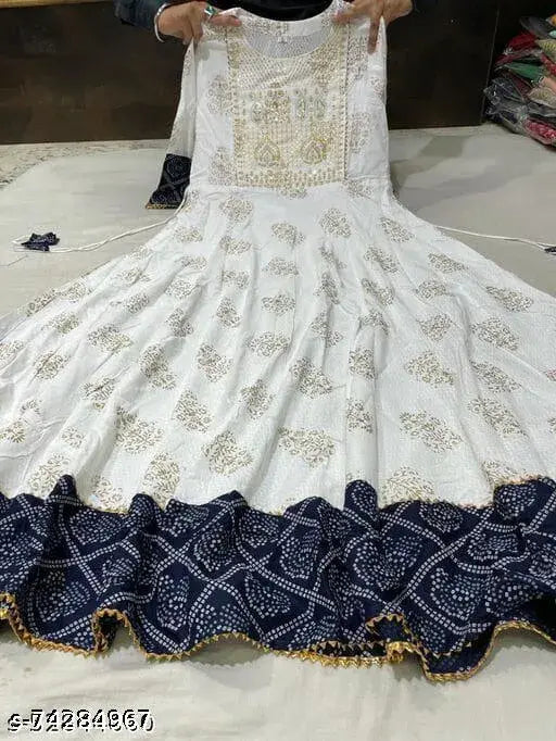 Rayon printed and embroidered Anarkali kurti in attractive graceful style, ideal for partywear. Sizes M-XXL available." (125 characters)