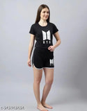 Black cotton blend BTS night suit with printed net pattern, featuring short sleeve t-shirt and shorts. Available in XS, S, M, L, XL sizes. Made in India