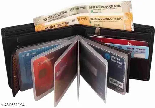 Black PU album card wallet, 8 card slots, sleek and durable men's accessory, perfect gifting option for classy style