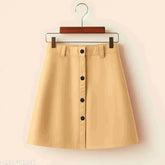 Cotton solid-colored women's button short skirt, available in sizes 26, 28, 30, 32. Made in India