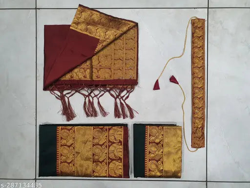 Traditional South Indian Art Silk Half Saree, unstitched lehenga (41 in waist, 44 in length), solid with woven design, Litchi Silk zari work, tussled dupatta (2.5 M), belt included, India-made, ready to ship