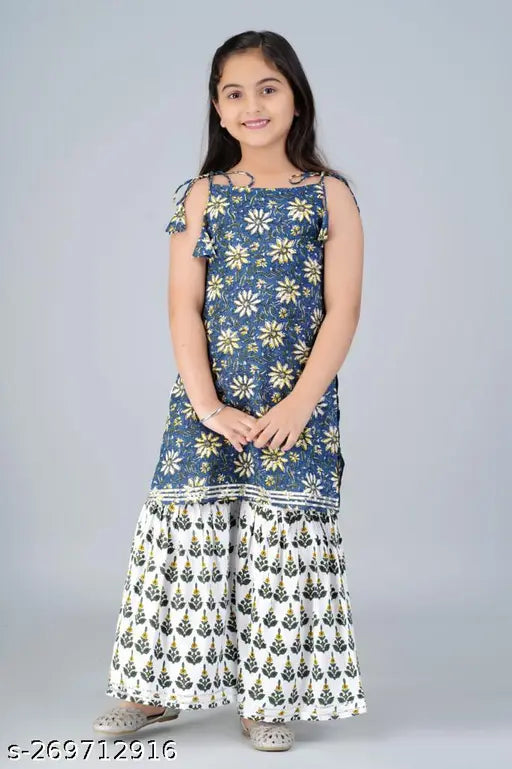 Multicolor women's premium rayon Kids kurta with Sharara set, printed and sleeveless, 9-10 years size, Indian origin