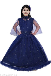 Navy blue net frock dress for girls aged 3-14 years, printed pattern on sleeveless design by AN NASR GARMENTS, India
