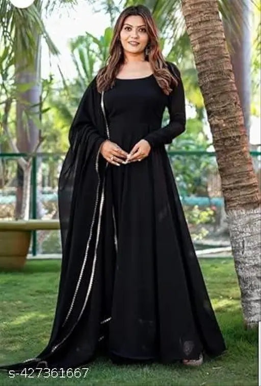 Georgette Banita Fabulous Kurtis, long-sleeved, solid print, Indian celebration gown with dupatta