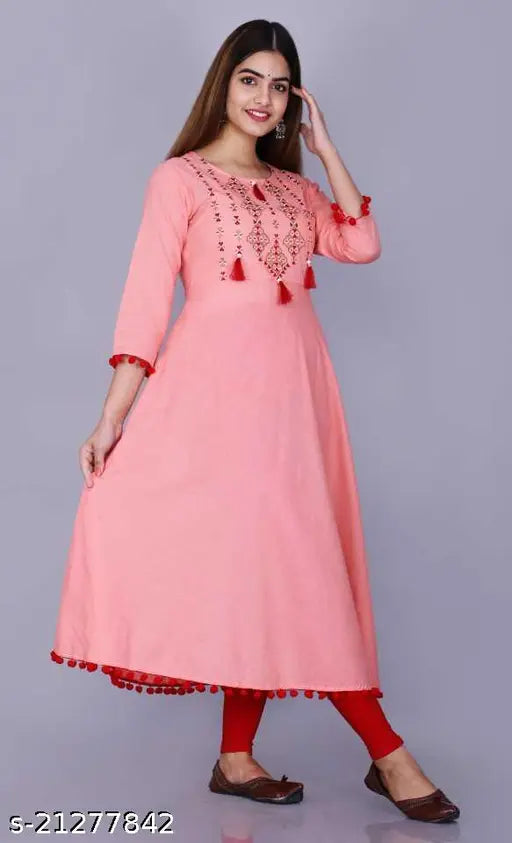 Rayon embroidered straight kurti, three-quarter sleeves, trendy Indian fashion