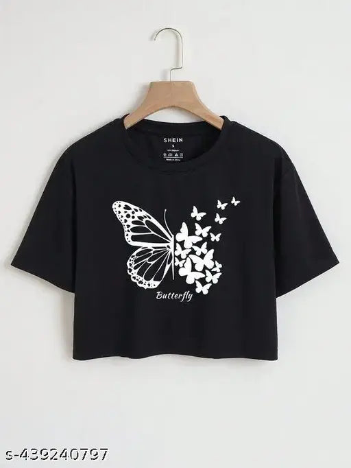 Sky Magic women's cotton blend butterfly crop top, short sleeves, printed net pattern. Perfect for everyday wear, stylish pairing with jeans or trousers