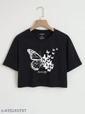 Sky Magic women's cotton blend butterfly crop top, short sleeves, printed net pattern. Perfect for everyday wear, stylish pairing with jeans or trousers