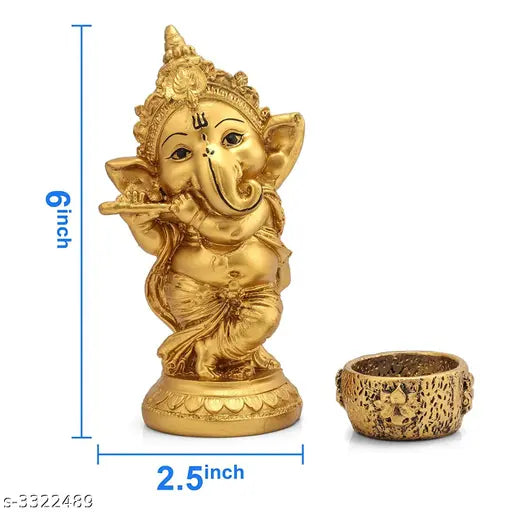 Resin Ganesh ji murti with diya - Golden decorative Lord Ganesha statue, ideal for home or office decor, 6cm x 15cm x 6cm, origin India
