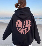 Black-Pink printed aesthetic sweatshirt hoodie with 'You Are Loved' slogan, kangaroo pockets & hooded cap, fleece material for winter season wear