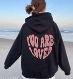 Black-Pink printed aesthetic sweatshirt hoodie with 'You Are Loved' slogan, kangaroo pockets & hooded cap, fleece material for winter season wear