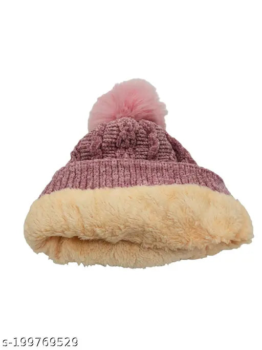Woolen winter beanie, crossed cap with chunky cable knit & pompom, soft and warm for ladies - India origin
