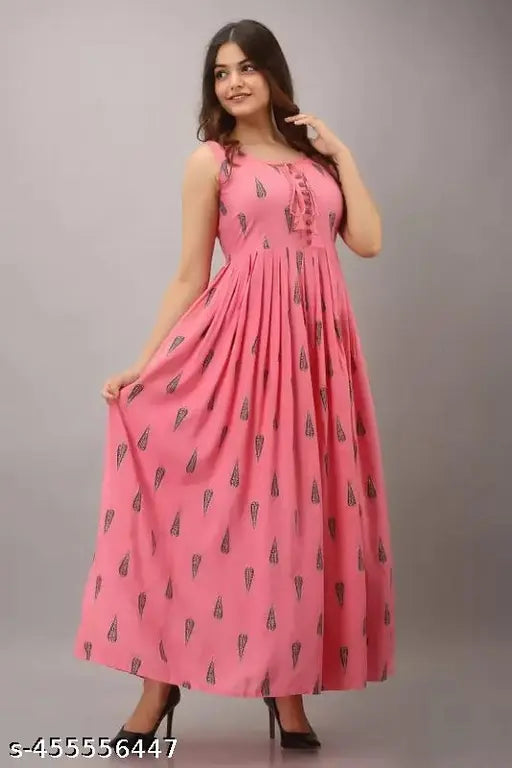 Premium rayon sleeveless printed net gown for women and girls, perfect for summer parties or casual wear