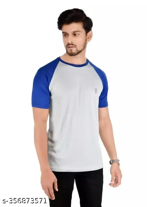 Grey & Royal Blue colorblocked men's polyester t-shirt on hanger, ideal for sports and gym wear