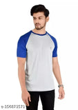 Grey & Royal Blue colorblocked men's polyester t-shirt on hanger, ideal for sports and gym wear