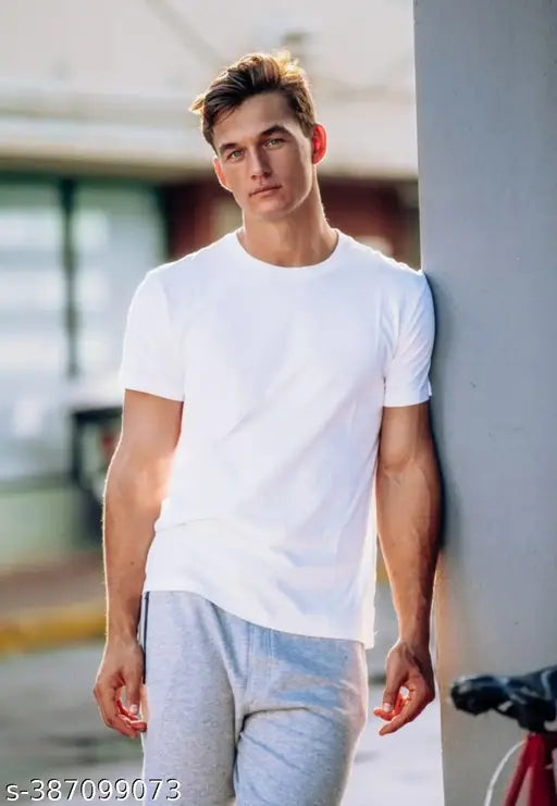 White striped polyester men's t-shirt, round neck, short sleeves - S, M, L, XL sizes available, India origin
