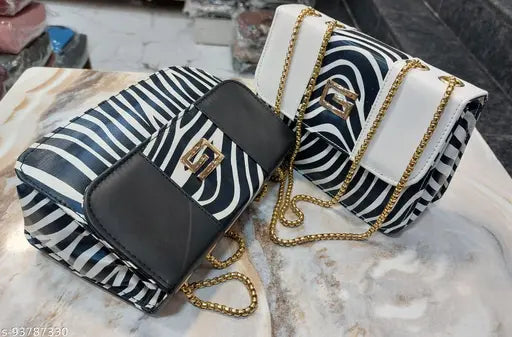 Synthetic black-and-white animal print sling bags (2pc), trendy women's & girls' accessory with 2 compartments