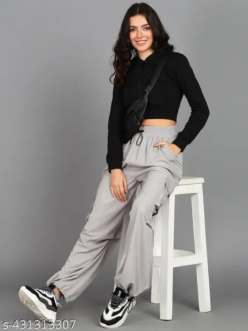 Women's polyester cargo pants black and grey, two-piece combo pack in sizes 26, 28, 30, 32. Loose fit cargo pants for women, trending style from India