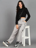 Women's polyester cargo pants black and grey, two-piece combo pack in sizes 26, 28, 30, 32. Loose fit cargo pants for women, trending style from India