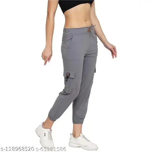 Stretchable black, dark green, grey cargo trousers and joggers combo pack for women & girls with elasticated drawstring waist, ankle-length style - cotton lycra designer pants from SRI CLUB, India