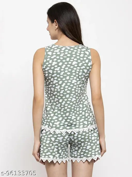 Claura cotton nightsuit for women, sleeveless short and top with printed net pattern on display