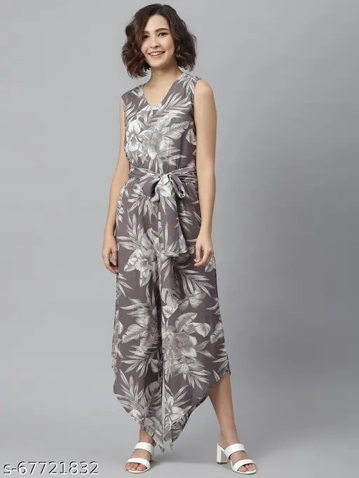 StyleStone women's rayon floral v-neck jumpsuit with asymmetrical hemline - size S (32-30-36), India origin