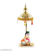 Marble & polyresin Ladu Gopal Ji with gold-plated colored umbrella - exquisite Indian divine decor and gift
