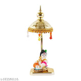 Marble & polyresin Ladu Gopal Ji with gold-plated colored umbrella - exquisite Indian divine decor and gift