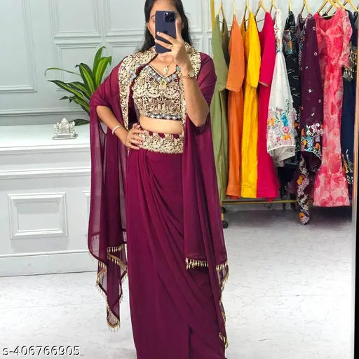 Purple Georgette gown23, long sleeves, ready pleated Lahenga for contemporary Indian fashion