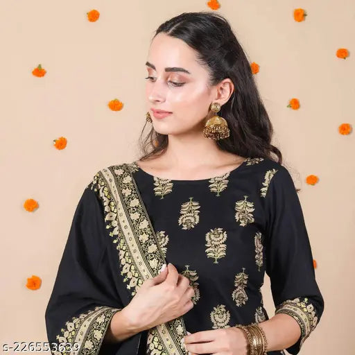 Viscose straight black festive gold gharara kurta dupatta set with gota work, floral printed women's rayon ensemble for special occasions