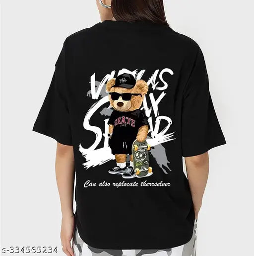 Black graphic printed oversized cotton t-shirt for women, featuring short sleeves and a loose, comfortable fit. Available in various sizes: XS, S, M, L, XL, XXL, XXXL. Made in India