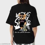 Black graphic printed oversized cotton t-shirt for women, featuring short sleeves and a loose, comfortable fit. Available in various sizes: XS, S, M, L, XL, XXL, XXXL. Made in India