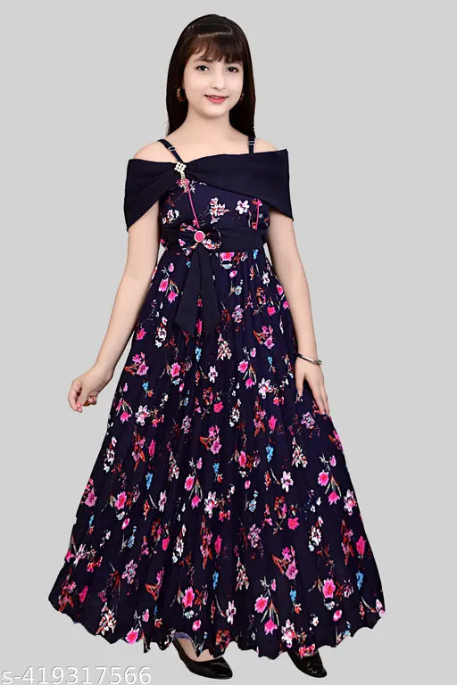 Cotton blend printed net frocks & gown dresses for kids aged 4-12 years, featuring short sleeves